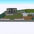 Modern Garden Wall Design In Landscaped Residential Area With Green Lawn Trees And Seating