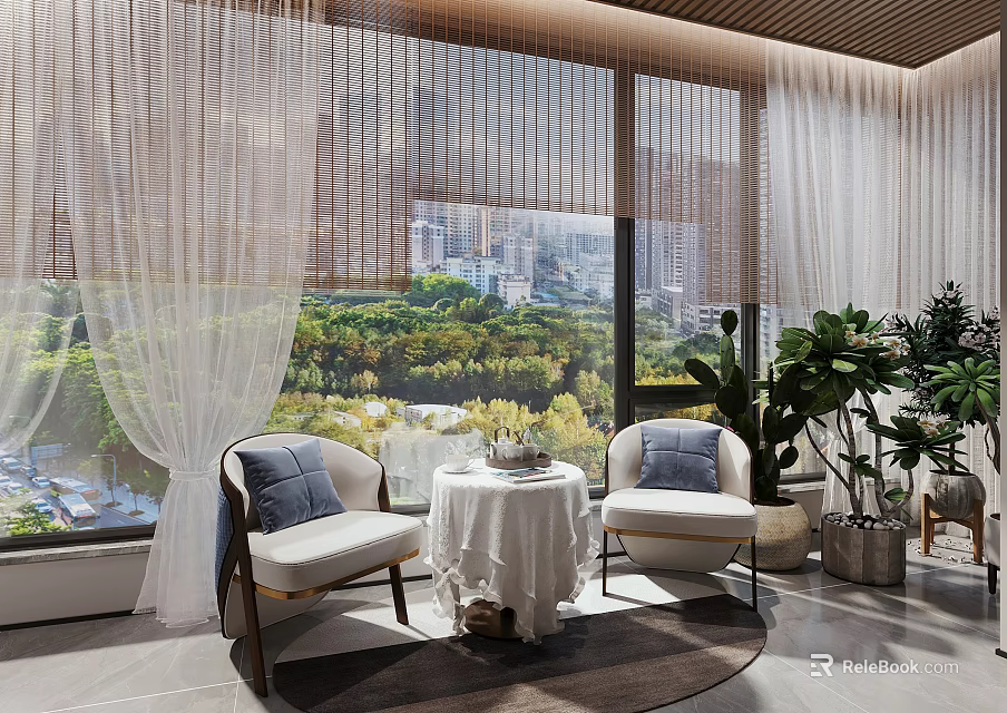 Home Balcony With Large Windows City View Green Plants Two Chairs And Small Round Table 3d model 