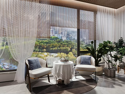 Home Balcony With Large Windows City View Green Plants Two Chairs And Small Round Table 3d model