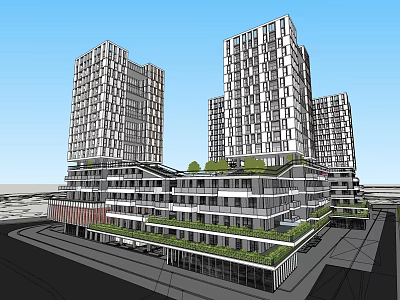 Modern Commercial Complex With High Rise Buildings Green Roof And Multi Level Structure 3d model