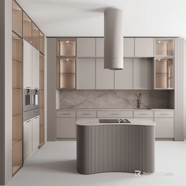 Modern Kitchen Interior With Light Colored Cabinets And Marble Island Countertop 3d model 