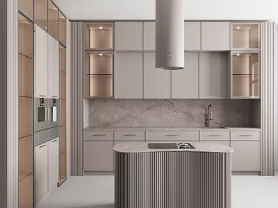 Modern Kitchen Interior With Light Colored Cabinets And Marble Island Countertop 3d model