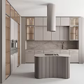 Modern Kitchen Interior With Light Colored Cabinets And Marble Island Countertop