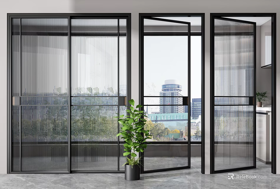 Modern Black Framed Glass Sliding Doors In Interior With Green Plant And City View Outside 3d model 