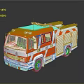 Orange And White Detailed Fire Truck Model With Striped Design And Reflective Surface