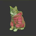 Cute Tabby Cat Wearing Bright Pink Puffer Coat Sitting On Shiny Dark Surface