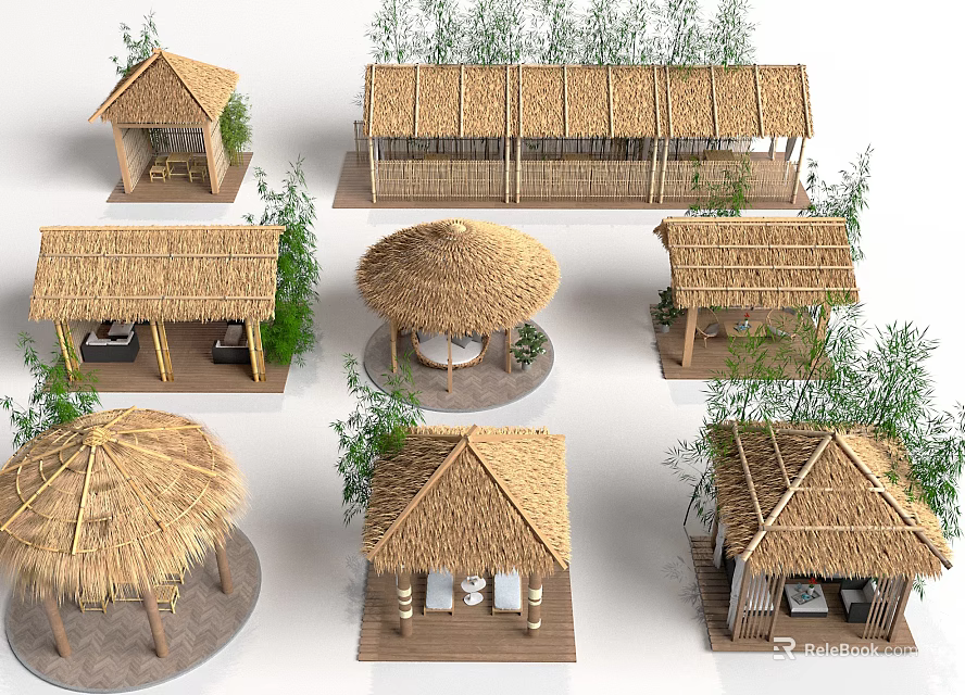 Traditional Thatched Roof Huts With Various Designs And Bamboo Plants Around Outdoor Areas 3d model 