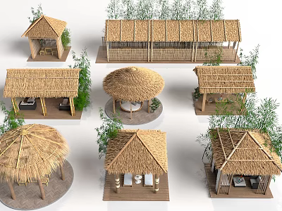 Traditional Thatched Roof Huts With Various Designs And Bamboo Plants Around Outdoor Areas 3d model