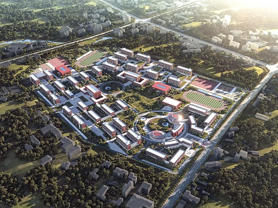 Bird's Eye View Planning of Comprehensive Campus with Buildings Green Areas and Sports Facilities 3d model