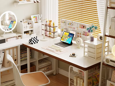 Home Office Desk Workspace With Decorative Ornament Set Laptop Keyboard Checkerboard Decor And Storage Boxes 3d model