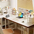 Home Office Desk Workspace With Decorative Ornament Set Laptop Keyboard Checkerboard Decor And Storage Boxes
