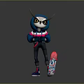 Owl Character Wearing Blue and Red Hoodie Holding Skateboard with Big Eyes on Gray Background