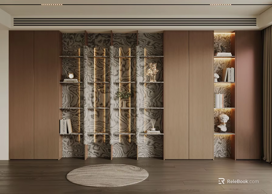 Modern Wooden Bookcase Interior With Open Shelves Marble Wall And Decorative Items 3d model 