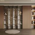 Modern Wooden Bookcase Interior With Open Shelves Marble Wall And Decorative Items