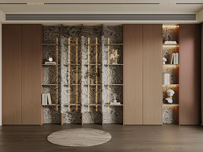 Modern Wooden Bookcase Interior With Open Shelves Marble Wall And Decorative Items 3d model