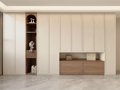 Modern Light Colored Wardrobe Interior With Built in Open Shelves And Drawer Cabinets 3d model