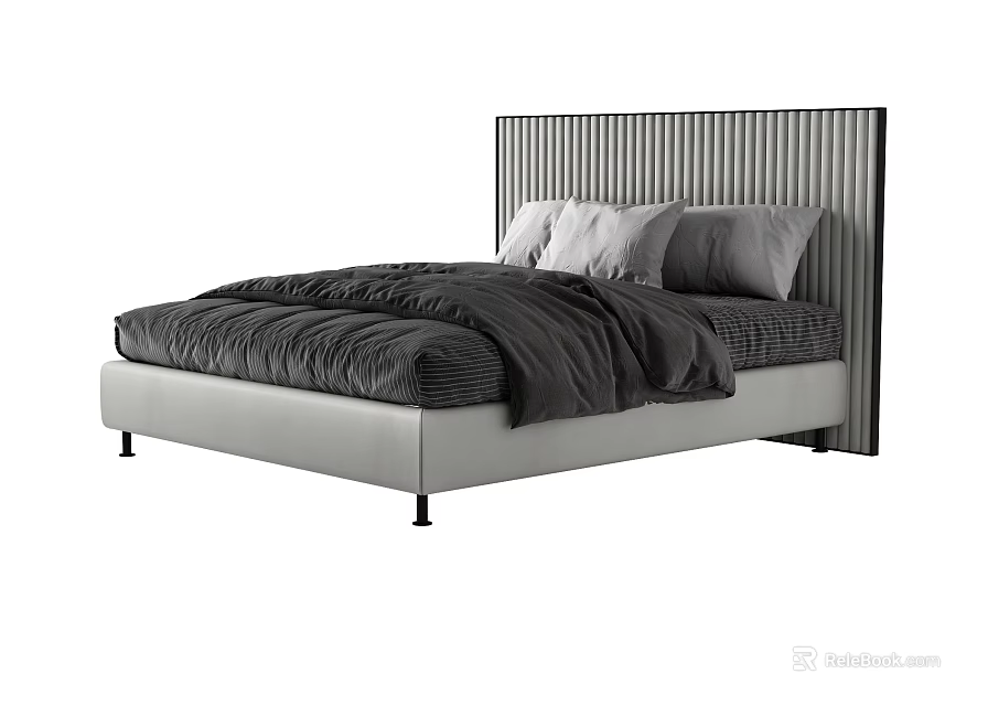 Modern Double Bed With Striped Headboard Light Frame And Dark Bedding 3d model