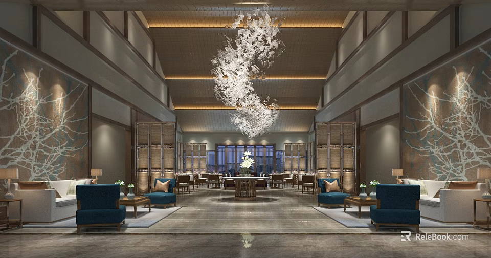 Elegant Hotel Lobby with Large Chandelier Blue Sofas and Luxury Interior Design 3d model 