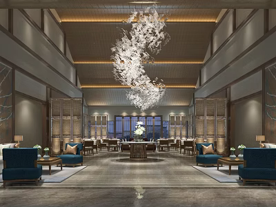 Elegant Hotel Lobby with Large Chandelier Blue Sofas and Luxury Interior Design 3d model