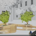 Modern Wooden Outdoor Chair With Curved Design In Garden Surrounded By Green Plants