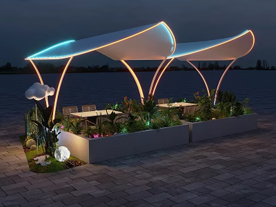 Elegant Modern Outdoor Pergola With Night Lighting Seating Plants And Water View 3d model
