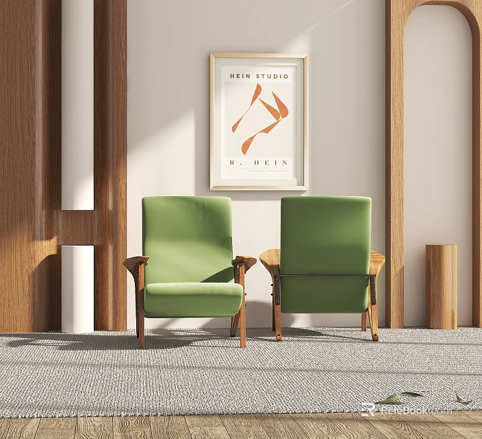 Green Single Sofa In Living Room With Wooden Wall And Painting 3d model 