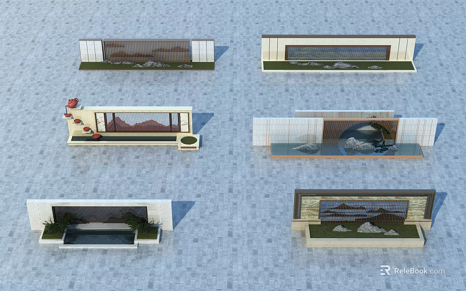 Various Landscape Feature Wall Designs With Stone Water Plants And Decorative Elements 3d model