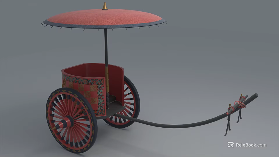 Vintage Horse Drawn Carriage With Red Umbrella Decorative Body Red Wheels And Black Yoke 3d model 