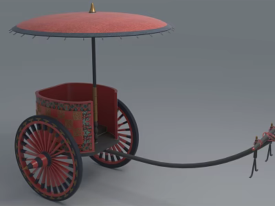 Vintage Horse Drawn Carriage With Red Umbrella Decorative Body Red Wheels And Black Yoke 3d model