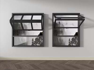 Two Open Black Framed Windows With Mountain Landscape On White Wall And Wooden Floor 3d model