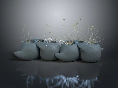 Green Plants In Multiple Gray Bird Shaped Pots With Slender Stems And Small Flowers 3d model