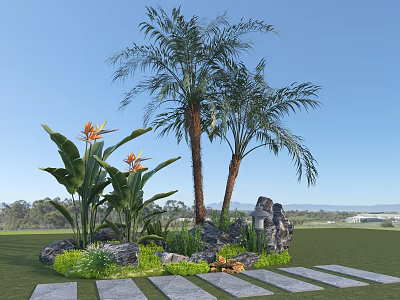 Plant Combination Featuring Two Palm Trees Orange Flowering Plants Rocks Stone Paths Grass Blue Sky 3d model
