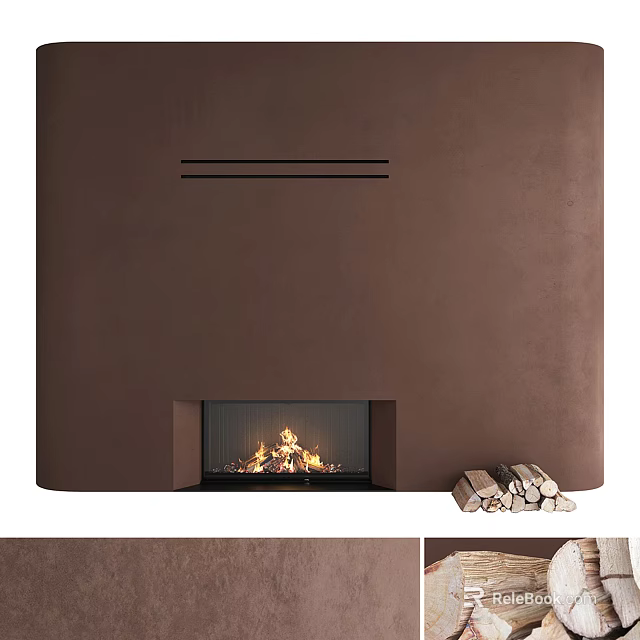 Brown Accent Wall With Fireplace And Firewood 3d model 