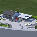 Modern Sales Office Building With Glass Facade Stone Walls Red Sculpture And Water Feature