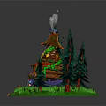 Charming Forest Cabin With Red Roof Log Decor Smoking Chimney And Two Tall Pine Trees