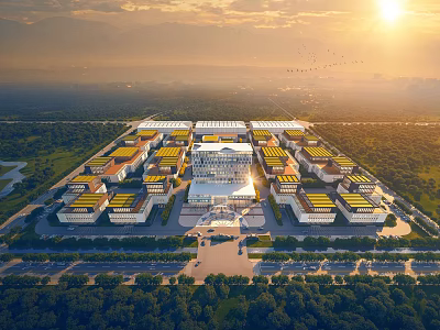 Modern Large scale Industrial Factory Building With Yellow Roofs And Surrounding Green Areas 3d model