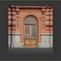 Orange Decorative Entrance Door With Arched Design And Wooden Panels On White Base