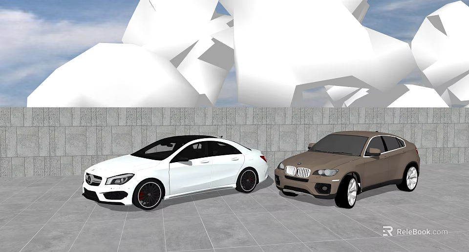 White And Brown Cars Parked By Gray Stone Wall With Modern White Sculptures 3d model 