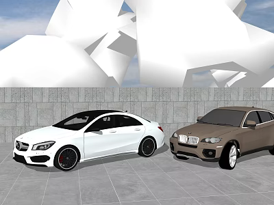 White And Brown Cars Parked By Gray Stone Wall With Modern White Sculptures 3d model