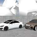 White And Brown Cars Parked By Gray Stone Wall With Modern White Sculptures