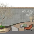 Modern Lounge Area with Comfortable Sofa Armchairs Indoor Tree and Mountain Sea Wall Design