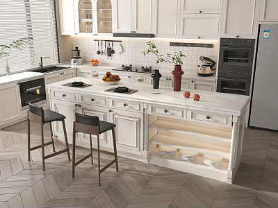 Modern Kitchen Bar Area With White Island Counter And Stools 3d model