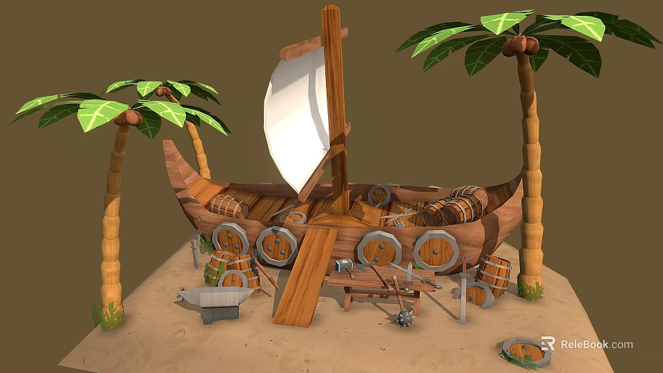 Cartoon Pirate Beach Scene with Wooden Boat Palm Trees and Barrels on Sand 3d model 