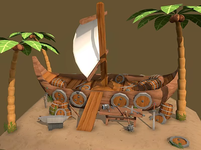 Cartoon Pirate Beach Scene with Wooden Boat Palm Trees and Barrels on Sand 3d model
