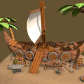 Cartoon Pirate Beach Scene with Wooden Boat Palm Trees and Barrels on Sand
