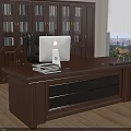 Dark Wooden Office Desk with Apple iMac Books Drawers Black Leather Chair and City View