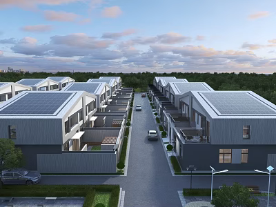 Modern Townhouses with Solar Roofs in Row Featuring Driveway and Green Landscaping 3d model