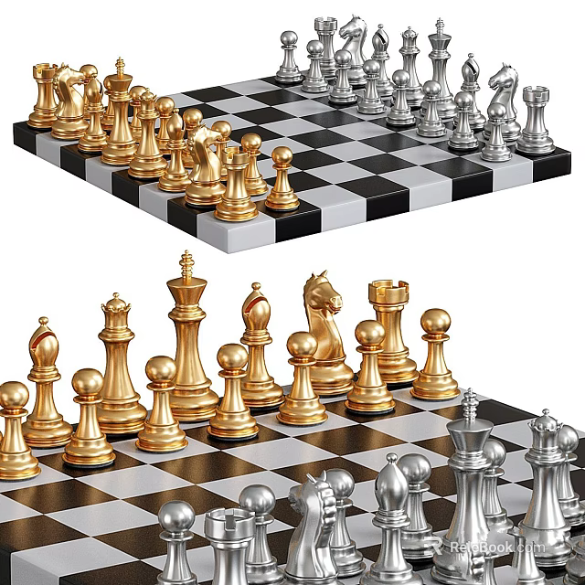 Premium Chess Set Sports Equipment With Gold Silver Pieces And Black White Chessboard 3d model 