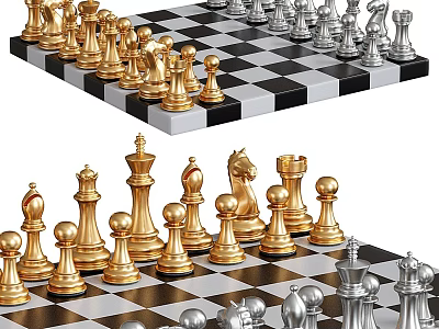 Premium Chess Set Sports Equipment With Gold Silver Pieces And Black White Chessboard 3d model