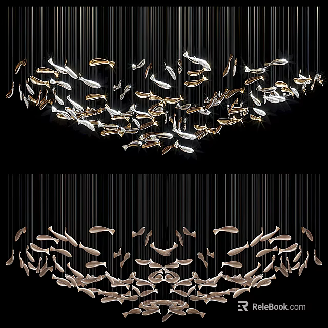 Modern Artistic Chandelier Design With Hanging Metallic Fish Shaped Lights 3d model 